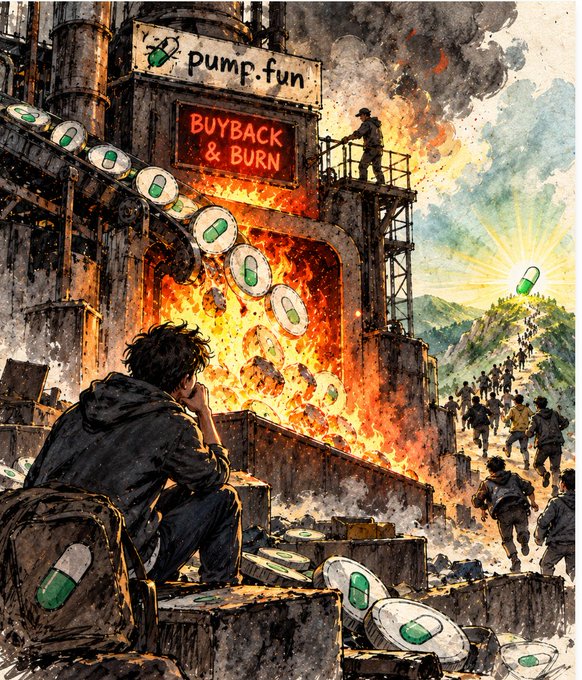 **pump.fun BUYBACK & BURN** - A watercolor-style illustration showing an industrial furnace burning green pill-shaped tokens, with a person sitting and watching, and others carrying more tokens toward the fire.