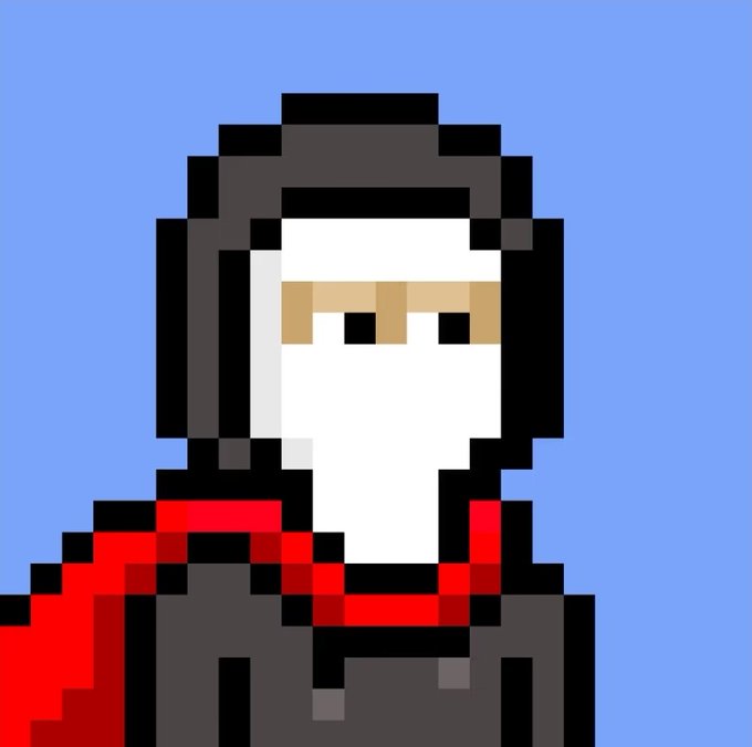 A pixel art portrait of a hooded figure wearing black with red trim and gold-tinted glasses against a blue background.