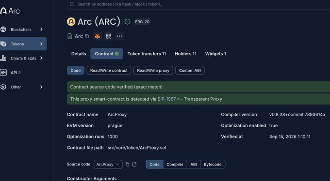 A blockchain explorer screenshot shows the Arc (ARC) ERC-20 token contract "ArcProxy" verified on the EVM (v0.8.28+commit.7893614a, Prague version), compiled at src/core/token/ArcProxy.sol on Sep 15, 2026. The image relates to the post by showing the official ARC token contract deployment details, though no airdrop information is visible on the contract page.