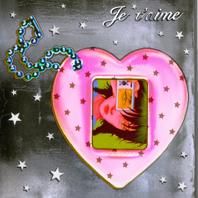 Y2K-style collage featuring a pink heart-shaped locket with a photo of a person, a beaded chain, scattered star shapes, and the text "Je t'aime" on a gray textured background.