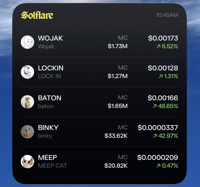 A screenshot of the Solflare wallet app listing various memecoins, including WOJAK at $0.00173 and BATON with a 48.65% increase.