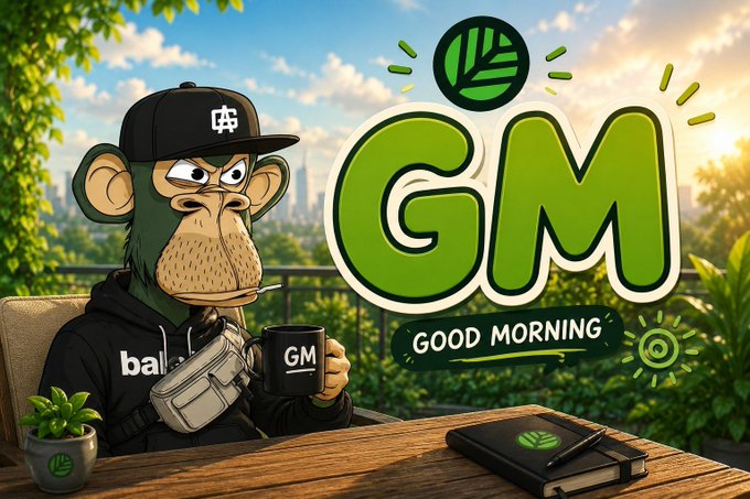 A cartoon monkey wearing a black cap and hoodie sits at a wooden desk holding a 'GM' mug, with a large green 'GM GOOD MORNING' graphic beside it against a cityscape background.