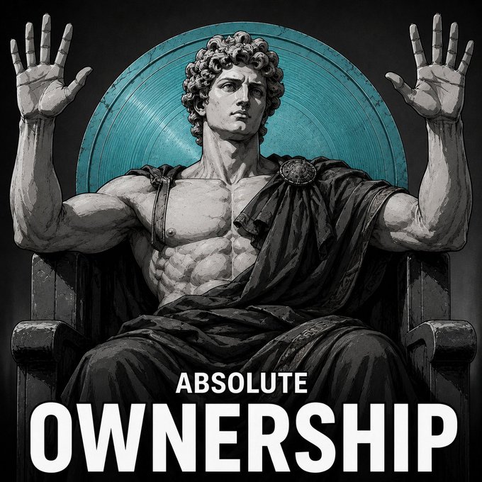 The image features a muscular man depicted as a statue, sitting on a throne with his arms raised up in front of him. The text "Absolute Ownership" is written above the statue's head, indicating that this image is related to the concept of absolute ownership or control over something.