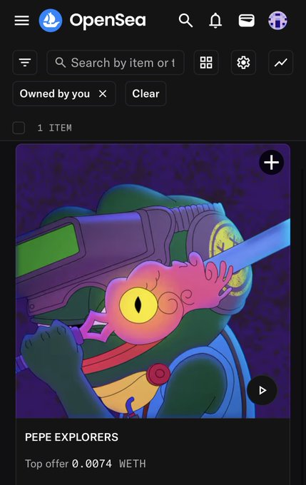 The image shows a cell phone screen displaying an online marketplace advertisement for Pepe Explorers. It features an illustration of a frog with big eyes, holding a sword in one hand and a shield in another, seemingly ready for battle or rescue missions. The text on the screen clearly states that the item is being sold by item for 1.00 Ether, indicating its value is 1 Ether. Additionally, it mentions that Pepe Explorers offers an auction where top bidders can win a treasure of 8.78 Ether and that they are currently accepting bids in ETH.