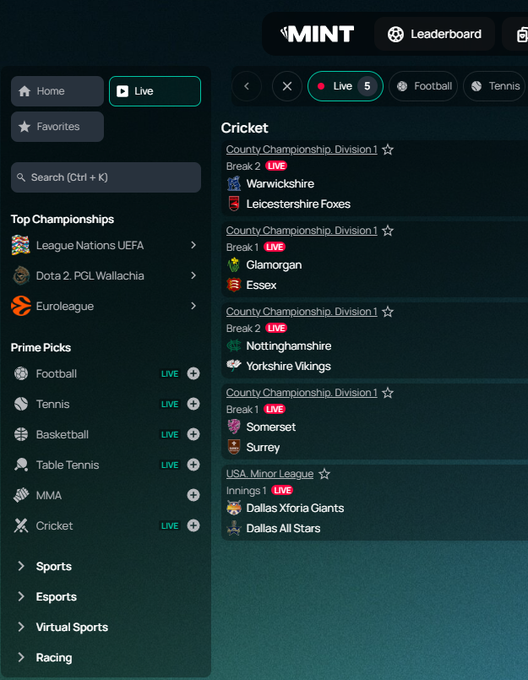 A screenshot of the MINT sports app interface showing live cricket matches, including County Championship Division 1 games and USA Minor League matchups.