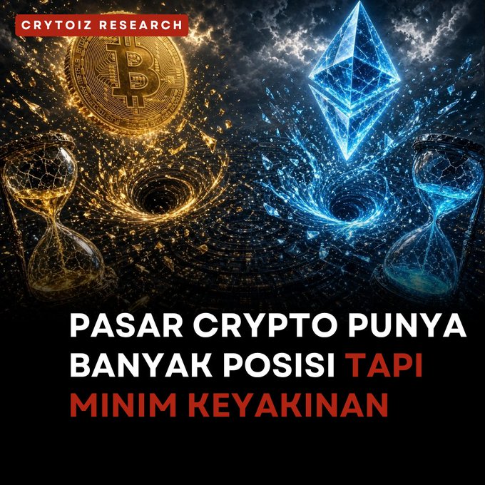 A Cryptoiz Research graphic features Bitcoin and Ethereum symbols with hourglasses, with the Indonesian text 'PASAR CRYPTO PUNYA BANYAK POSISI TAPI MINIM KEYAKINAN' (Crypto market has many positions but minimal conviction).