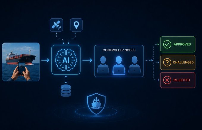 A diagram illustrating an AI-powered shipping verification system, showing a smartphone photo of a cargo ship feeding into an AI brain, which routes to 'Controller Nodes' that can issue 'Approved', 'Challenged', or 'Rejected' decisions.