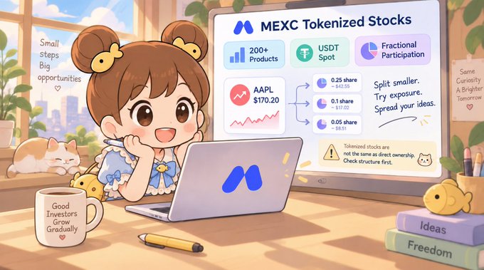 An animated illustration promoting 'MEXC Tokenized Stocks' featuring a cute character at a laptop with details about 200+ products, USDT, fractional participation, and AAPL stock.
