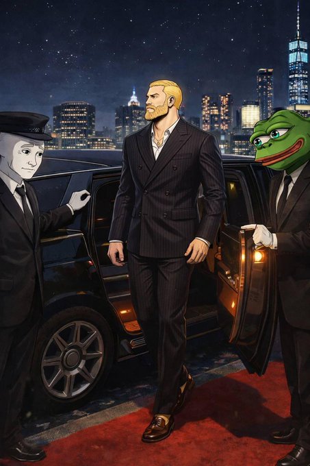 A digital illustration shows a blonde man in a dark pinstripe suit walking out of a black car onto a red carpet, flanked by a figure in a top hat on the left and a figure in a suit with a Pepe the Frog mask on the right, with a nighttime city skyline in the background.