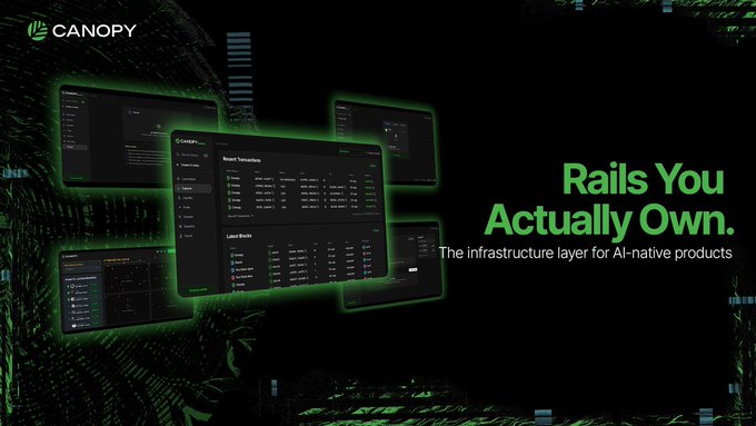 The image is a promotional graphic for Canopy, featuring the Canopy logo in the top-left and multiple dashboard screenshots showing blockchain infrastructure data (Recent Transactions, Latest Blocks), alongside the tagline "Rails You Actually Own. The infrastructure layer for AI-native products." It visually reinforces the post's message by showcasing the clean templates and dashboard interfaces that enable builders to launch their own sovereign chains quickly with full ownership.