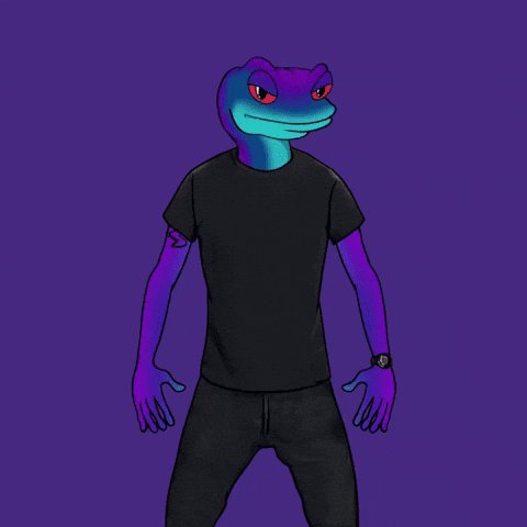 The image features a man depicted as a frog with arms raised and legs spread out, wearing black clothing. The background of the image is purple, which contrasts with the frog's appearance. There are no texts or other objects present in the image.
