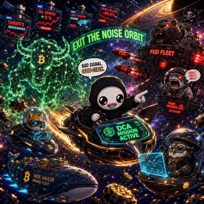 A chaotic, colorful crypto-themed space illustration titled 'EXIT THE NOISE ORBIT' featuring a DCA mascot character navigating past FUD news, oil spikes, tariffs, panic selling alerts, and a bull Bitcoin hologram.