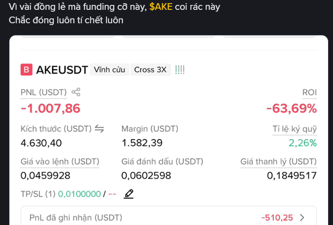A Binance futures position on the AKEUSDT perpetual pair shows a substantial loss of -1,007.86 USDT (-63.69% ROI) with a size of 4,630.40 USDT, illustrating the post's message about someone attempting to profit from funding fees by shorting AKE but already being down over $1,000.