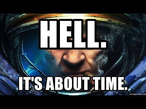 A Space Marine from Warhammer 40K smokes a cigar through his helmet, overlaid with the text "HELL. IT'S ABOUT TIME." This menacing image of a battle-hardened warrior dreadfully anticipating battle fits the post's grim announcement of YGG's demise, suggesting the long-overdue downfall has finally arrived.