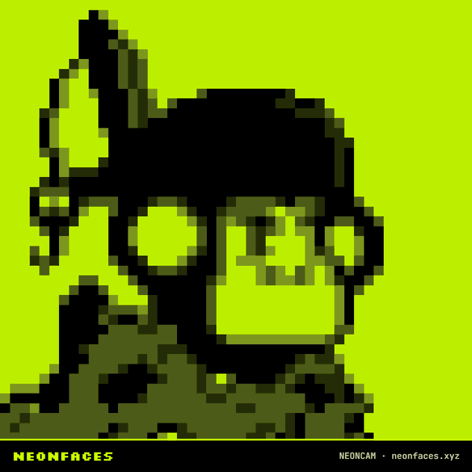 A pixelated, neon-yellow and black digital illustration of a masked character with a glowing circular eye and a dripping liquid element, labeled 'NEONFACES' and 'NEONCAM · neonfaces.xyz' at the bottom.