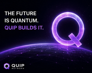 The image features a purple Q symbol, which is the main focus of the post. The caption below the image reads "The future is Quantum. Quip builds it." This statement emphasizes the connection between the Q symbol and the concept of Quantum computing. The image also includes a planet with stars in the background, adding an interesting visual element to the overall design.