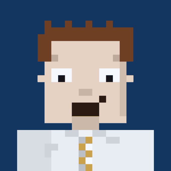 A pixel art style illustration of a character with brown hair, white eyes with black pupils, an open mouth showing teeth, wearing a white shirt with yellow accents against a dark blue background.