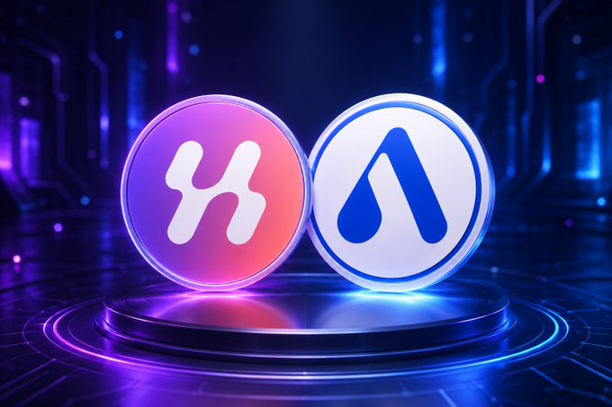 A digital artwork displaying two cryptocurrency coin logos - a pink/purple Hyperswap (H) coin and a blue Aave (A) coin - set against a futuristic neon-lit background.