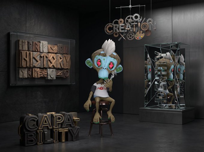 A cartoon monkey character wearing a "LEVI'S" shirt sits on a stool in a gallery surrounded by typography installations reading "ART IN HISTORY," "CREATION," "CAPABILITY," and "ABILITY." The image visually represents the post's question by showcasing the four potential values of owning a digital character—history, achievements, creations, and abilities—displayed as gallery exhibits surrounding the character.