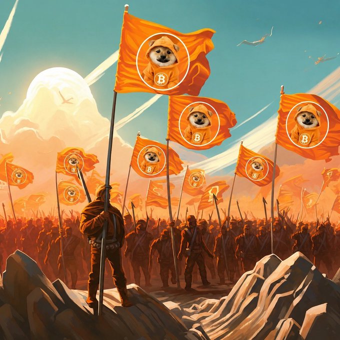An army of soldiers raises orange flags emblazoned with a Shiba Inu dog wearing a spacesuit and the Bitcoin "₿" symbol, marching forward beneath a dramatic sky. The image visually reinforces the post's "Forward Together, $DOG to the moon" message by symbolizing a united, rocket-like rally toward crypto-driven growth.