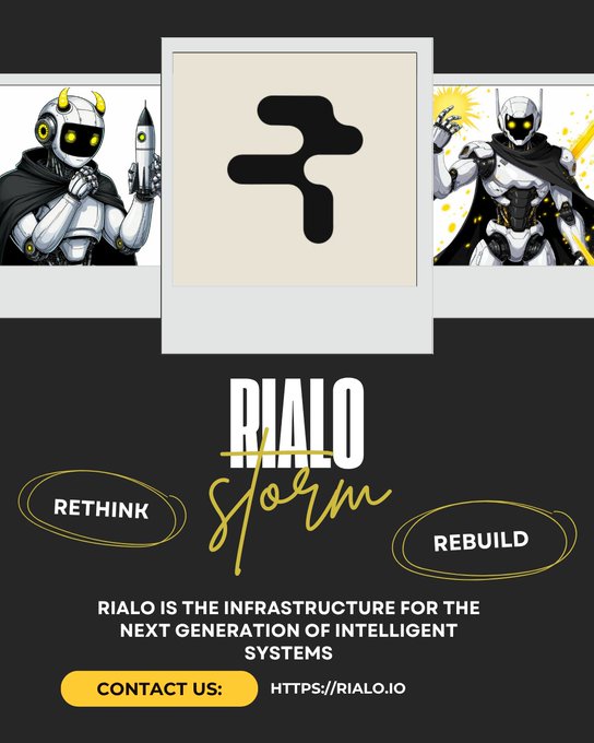 The image features a poster with two robot characters, one holding an intergalactic rocket ship and the other wearing a cape. The poster also includes text that reads "Rialo Storm" and "Rebuild", suggesting that the poster might be promoting a project or idea related to robotics or space exploration.