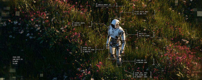 A metallic humanoid robot stands amidst a field of tall grass and pink wildflowers, surrounded by HUD-style overlays displaying coordinates and numerical data points such as "8813.0047," "7745.5571," and "3394.999." The image visually reinforces the post's theme of "Data At The Edge," symbolizing how valuable data is increasingly gathered at the physical frontier—where AI and automation intersect with the natural world—rather than solely in traditional internet infrastructure.