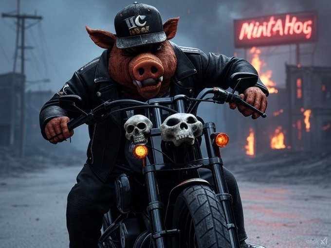 An AI-generated image depicts a biker wearing a leather jacket and cap, with a pig's head and hands, riding a motorcycle with skull ornaments in front of a burning building with a 'NintAHog' sign.