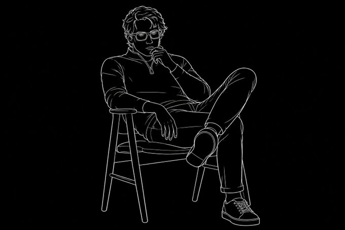 A white line drawing on a black background shows a man with sunglasses sitting casually in a chair with his legs crossed.