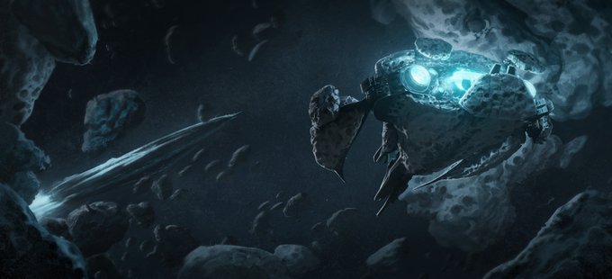 A menacing mechanical creature with glowing blue eyes emerges from a dark field of asteroids, while a sleek spacecraft approaches—capturing the eerie tension of lurking dangers in the shadows of space.