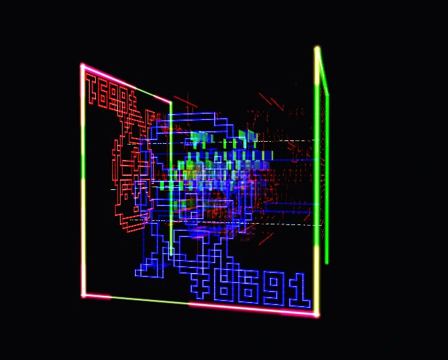 Abstract digital artwork featuring neon-colored geometric lines and shapes on a black background, with a pixelated character figure and the number '+6691' displayed.