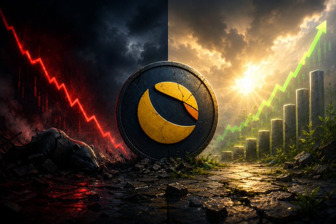 A cracked Terra Luna Classic (LUNC) coin sits at the center of a split scene, with a stormy red downward trendline and candlestick crash on the left, contrasted by a bright green upward breakout arrow and ascending bar chart on the right, symbolizing the cryptocurrency's current market tension between bearish decline and potential bullish reversal.