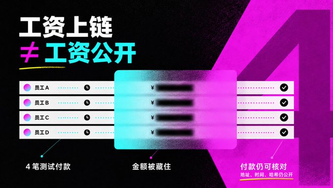 A Chinese-language infographic titled '工资上链 ≠ 工资公开' (Wages on blockchain ≠ Wages made public), illustrating how payroll amounts can be hidden on-chain while payments remain verifiable by address, time, and cryptocurrency.