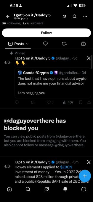A Twitter/X screenshot showing the account "I got 5 on it /Daddy 5" (@daguyoverthere) displaying a notification that the user has been blocked by @daguyoverthere, along with posts about ZBCN investment and ZBC token sale.