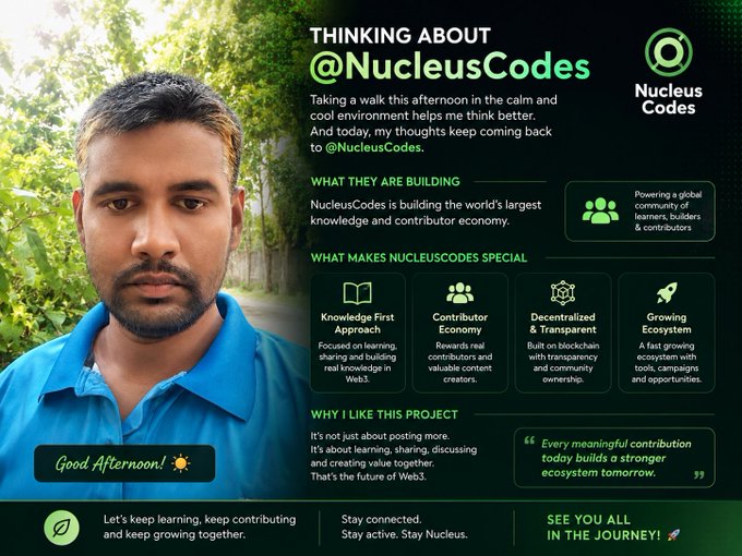 A promotional graphic titled 'THINKING ABOUT @NucleusCodes' featuring a man in a blue shirt alongside details about the Web3 knowledge and contributor economy project.