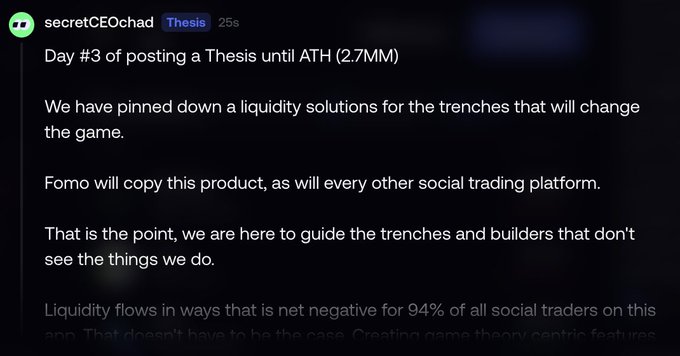 A Discord post by 'secretCEOchad' with a Thesis role badge, titled 'Day #3 of posting a Thesis until ATH (2.7MM)' discussing liquidity solutions for trenches and social trading platforms, mentioning that other platforms like Forno will copy their product.