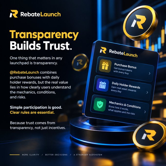 A promotional graphic for 'RebateLaunch' (@RebateLaunch) with the headline 'Transparency Builds Trust', highlighting features like 'Purchase Bonus', 'Daily Holder Rewards', and 'Mechanics & Conditions' over a dark background with 3D coin graphics.