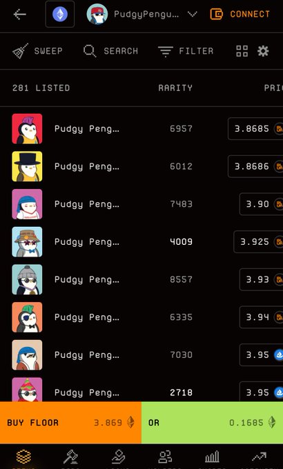 A screenshot of an NFT marketplace listing "Pudgy Penguin" collectibles with various rarities and floor prices of 3.869 ETH or 0.1685 ETH.