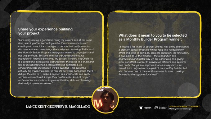 A testimonial graphic for the Monthly Builder Program by Stellar, featuring an interview with Lance Kent Geoffrey B. Magollado about his experience building projects and being selected as a winner.