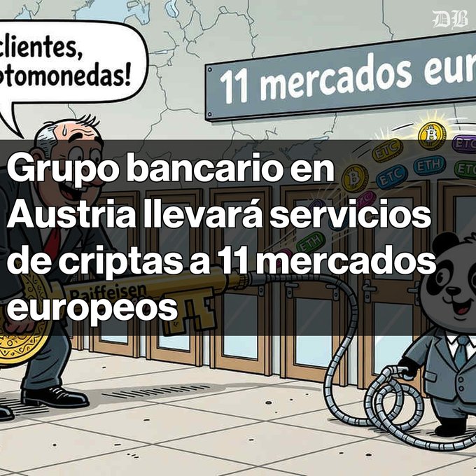 Spanish-language cartoon from NY Times showing a banker labeled 'Raiffeisen' and a panda, with the headline 'Grupo bancario en Austria llevará servicios de criptas a 11 mercados europeos' about expanding crypto services to 11 European markets.