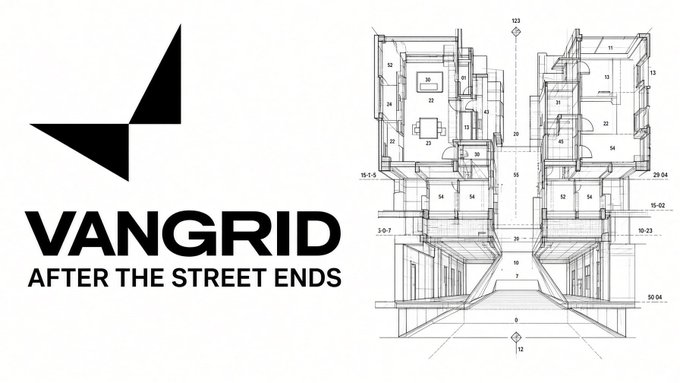 A black and white architectural drawing of a building floor plan next to a logo and text reading "VANGRID - AFTER THE STREET ENDS."