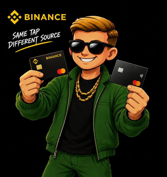 Cartoon-style Binance promotional image with the text "SAME TAP, DIFFERENT SOURCE," featuring a blonde man wearing sunglasses, a green jacket, and gold chains, holding two Binance Mastercard cards.