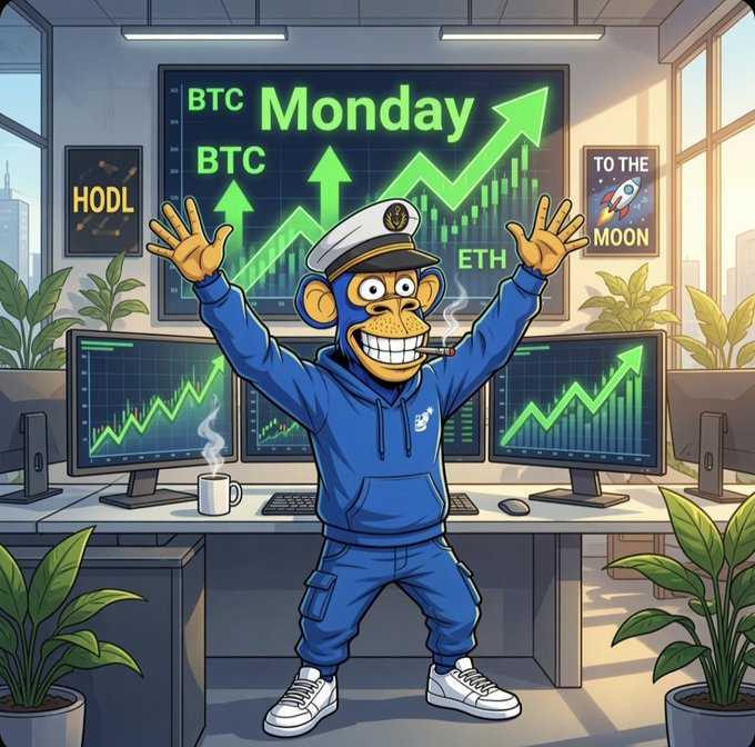 An animated illustration shows a chimpanzee wearing a blue tracksuit and white captain's hat, standing excitedly with arms raised in a trading room filled with monitors displaying upward-trending charts. Text on the screens reads 'BTC', 'ETH', 'HODL', 'Monday', and a poster says 'TO THE MOON'.