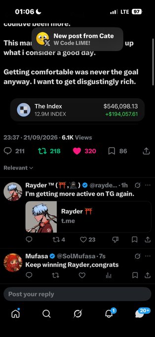 A Twitter/X post from @W Code Lime showcasing 'The Index' tracker at $546,098.13 (+$194,057.61) with text reading 'Getting comfortable was never the goal anyway. I want to get disgustingly rich.'