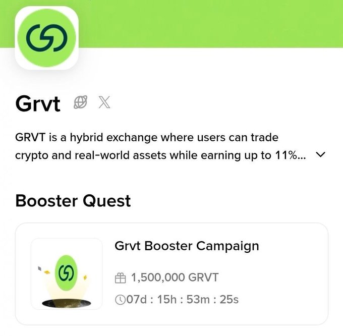 A promotional graphic for the Grvt Booster Campaign on BNB Chain Wallet, featuring the GRVT logo and ticker, a 1,500,000 GRVT reward pool, and a countdown timer showing 07d:15h:53m:25s remaining, complementing the post's step-by-step guide on how to join the campaign via the BNB Chain Wallet.