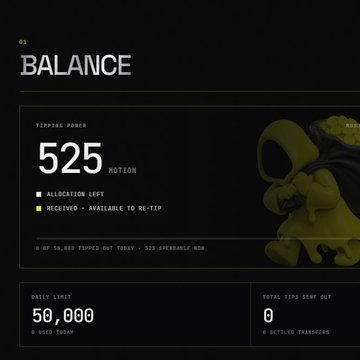 Dark-themed dashboard showing a BALANCE of 525 TIPPING POWER ($MOTION), with 50,000 DAILY LIMIT and 0 TOTAL TIPS SENT OUT.