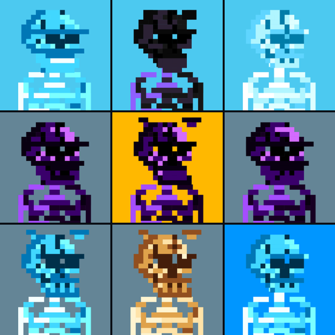 A 3x3 grid of pixel-art portraits shows the same hooded character rendered in various color palettes, with a brown/orange version highlighted in the center.