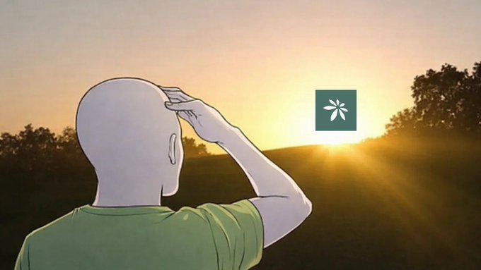An anime-style illustration depicts a bald character from behind, saluting toward a bright sunset with a green asterisk-like symbol floating in the sky.