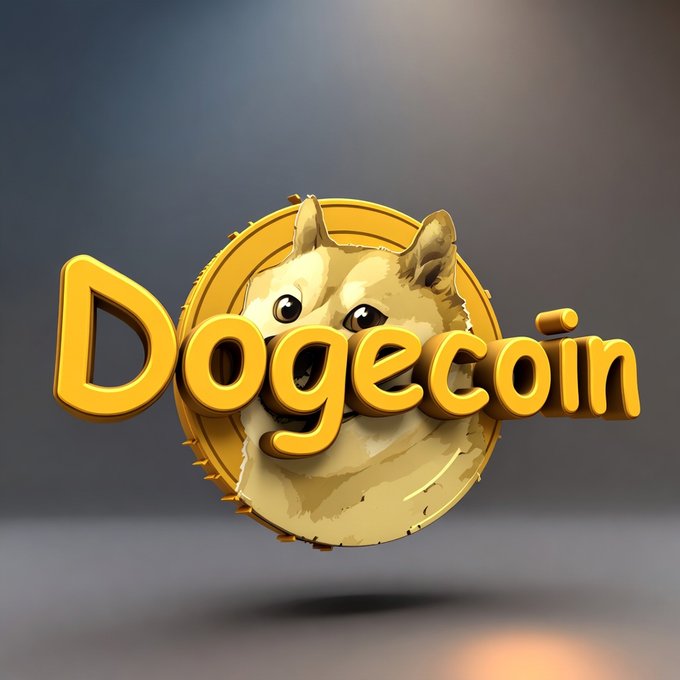 A 3D-style illustration of a Shiba Inu coin with the word “Dogecoin” in large gold lettering across the front.