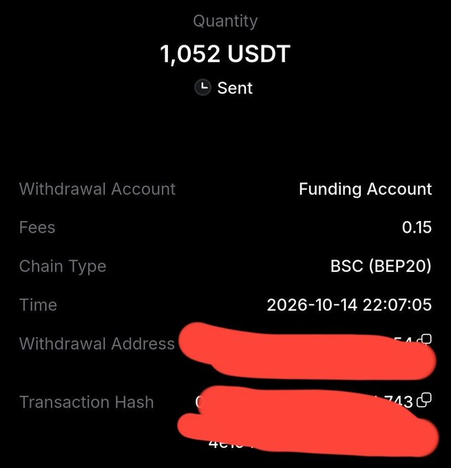A mobile screenshot of a cryptocurrency transaction confirmation showing "1,052 USDT" sent via "BSC (BEP20)" chain from a Funding Account, with a fee of 0.15 and timestamp "2026-10-14 22:07:05," where the withdrawal address and transaction hash have been obscured with red markings. The image relates to the post by illustrating the successful recovery and return of 1,052 USDT after being stolen, supporting the user's gratitude toward Binance Help Desk for locking the stolen funds.