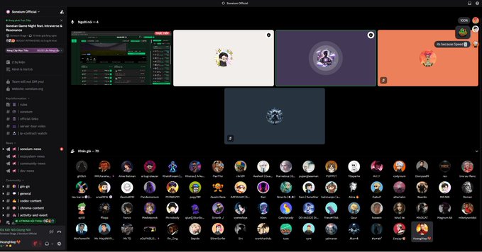 A screenshot of a Discord interface showing a server with various voice channels active, including one with a music player, and a long list of users with custom profile pictures visible at the bottom.